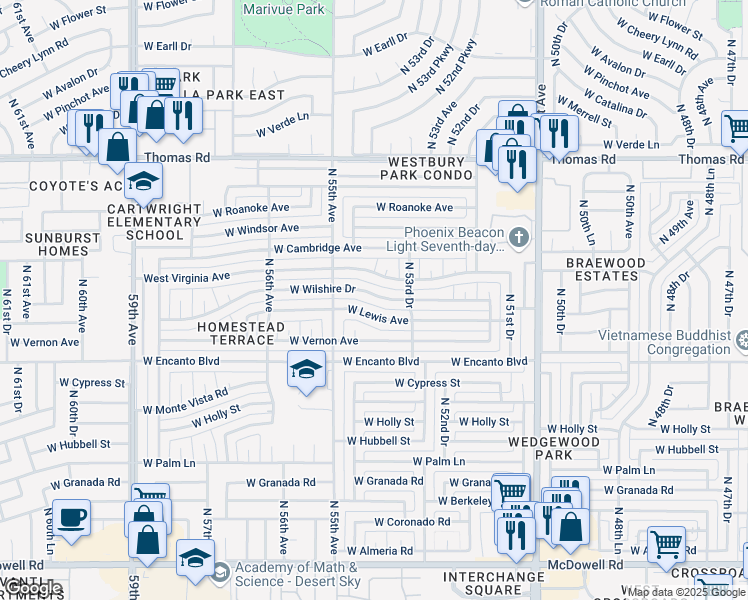 map of restaurants, bars, coffee shops, grocery stores, and more near 5415 West Wilshire Drive in Phoenix