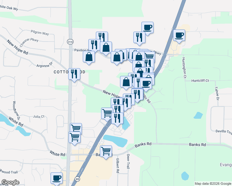 map of restaurants, bars, coffee shops, grocery stores, and more near 1302 Georgia 85 in Fayetteville