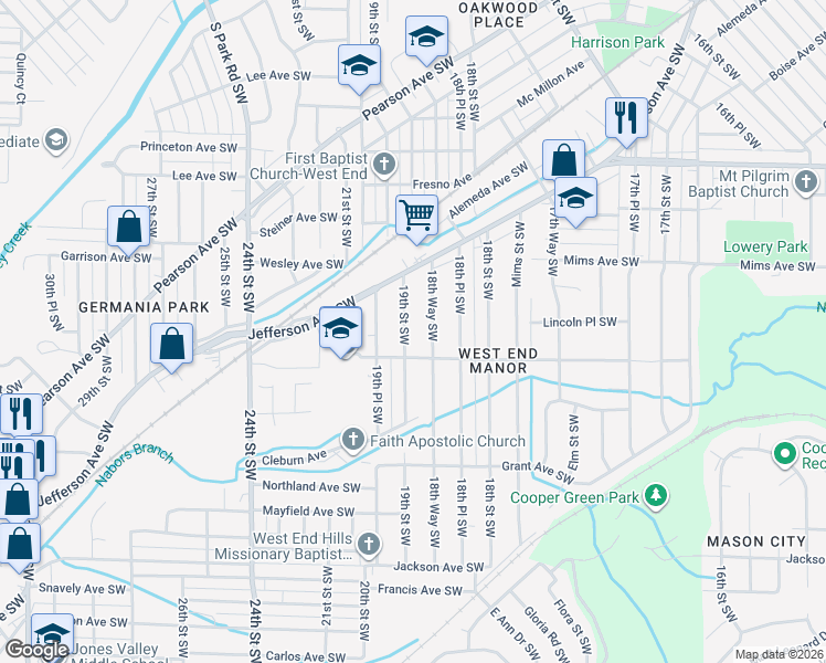 map of restaurants, bars, coffee shops, grocery stores, and more near 1305 19th Street Southwest in Birmingham