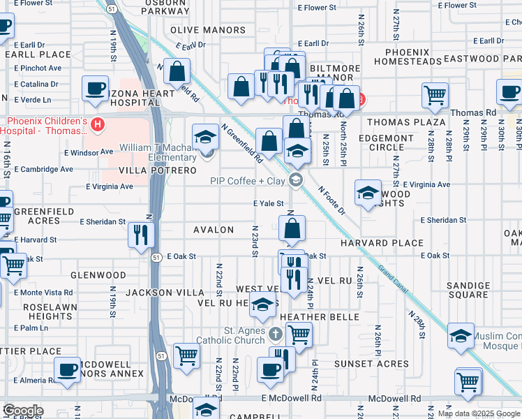 map of restaurants, bars, coffee shops, grocery stores, and more near 2305 East Yale Street in Phoenix