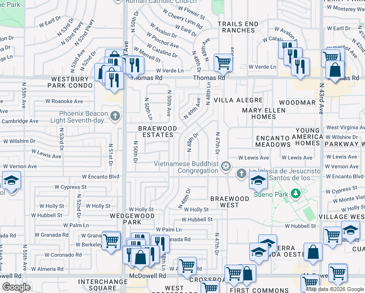 map of restaurants, bars, coffee shops, grocery stores, and more near 2515 North 48th Lane in Phoenix