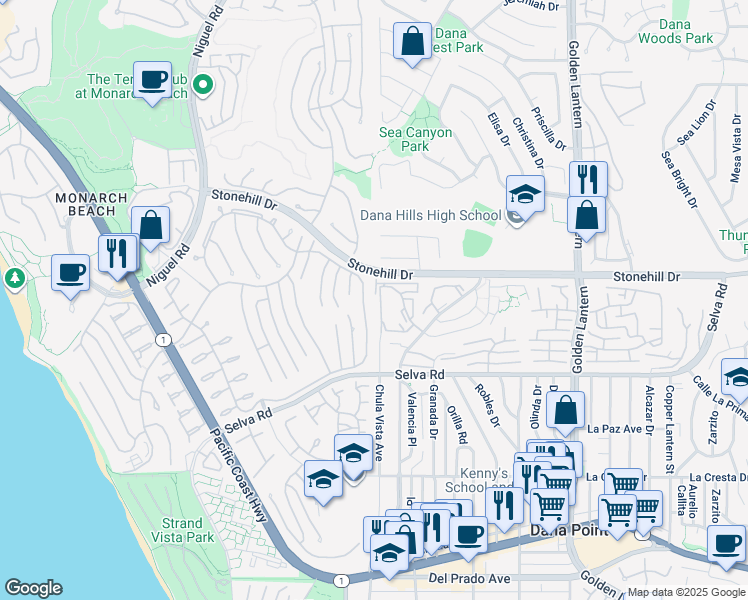 map of restaurants, bars, coffee shops, grocery stores, and more near 33555 Via Corvalian in Dana Point