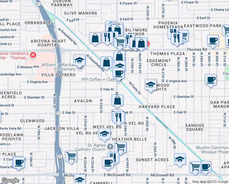 map of restaurants, bars, coffee shops, grocery stores, and more near 2524 North 24th Street in Phoenix