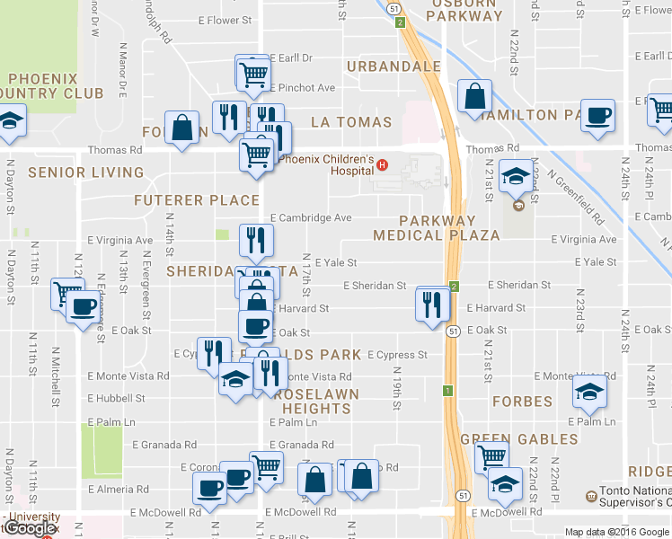 map of restaurants, bars, coffee shops, grocery stores, and more near 1733 East Yale Street in Phoenix