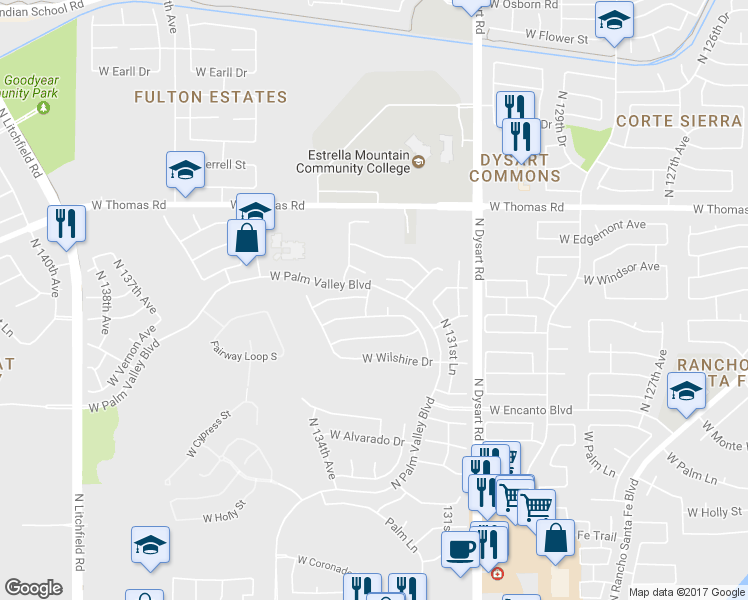 map of restaurants, bars, coffee shops, grocery stores, and more near 2605 North 133rd Avenue in Goodyear