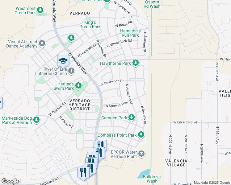 map of restaurants, bars, coffee shops, grocery stores, and more near 2570 North Springfield Street in Buckeye