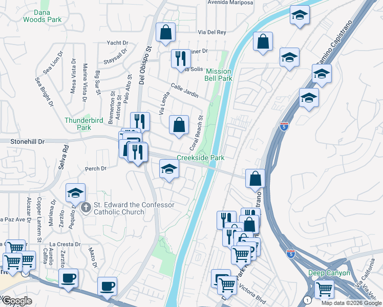 map of restaurants, bars, coffee shops, grocery stores, and more near 33552 Coral Reach Street in Dana Point