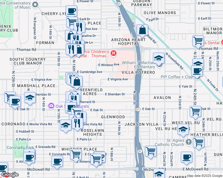 map of restaurants, bars, coffee shops, grocery stores, and more near 1821 East Yale Street in Phoenix