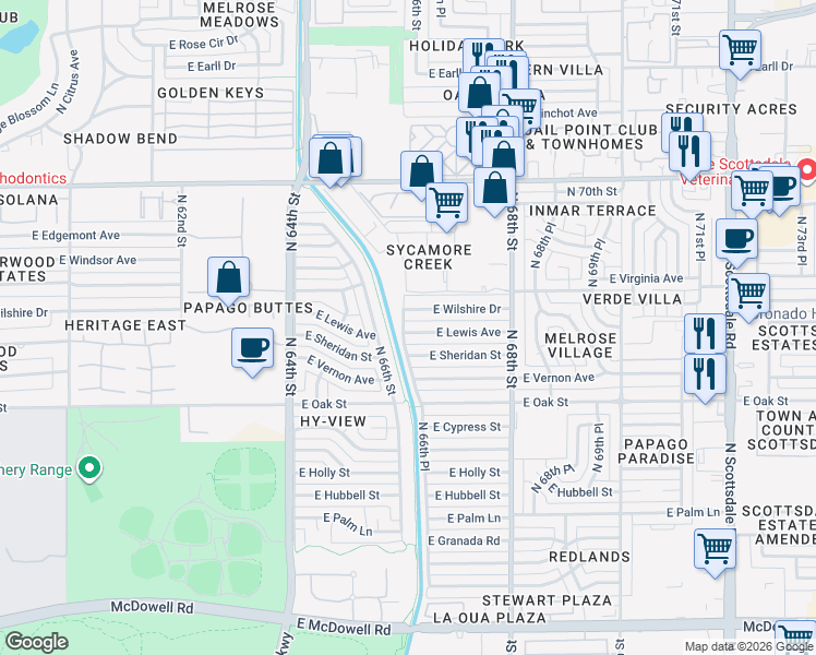 map of restaurants, bars, coffee shops, grocery stores, and more near 6602 East Lewis Avenue in Scottsdale