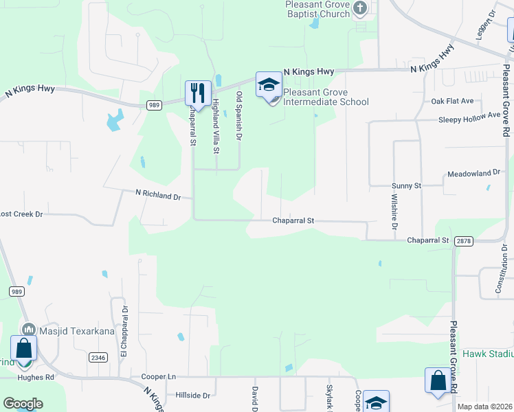 map of restaurants, bars, coffee shops, grocery stores, and more near 5705 Bandera Street in Texarkana