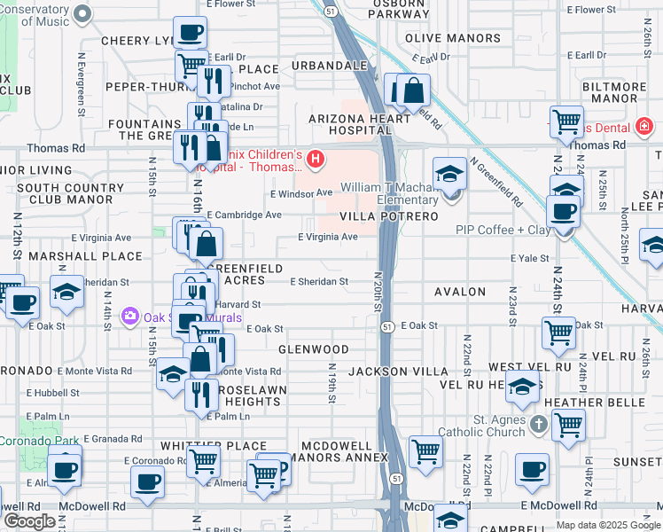 map of restaurants, bars, coffee shops, grocery stores, and more near 1901 East Yale Street in Phoenix