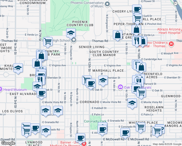 map of restaurants, bars, coffee shops, grocery stores, and more near 2515 North 12th Street in Phoenix