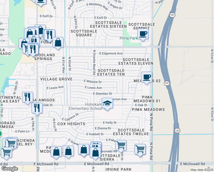 map of restaurants, bars, coffee shops, grocery stores, and more near 8444 East Lewis Avenue in Scottsdale