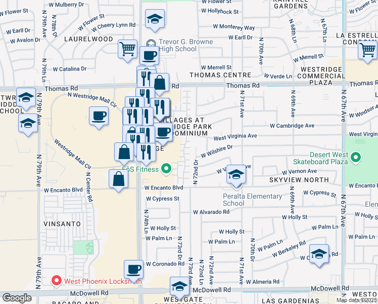 map of restaurants, bars, coffee shops, grocery stores, and more near 2515 North 73rd Drive in Phoenix