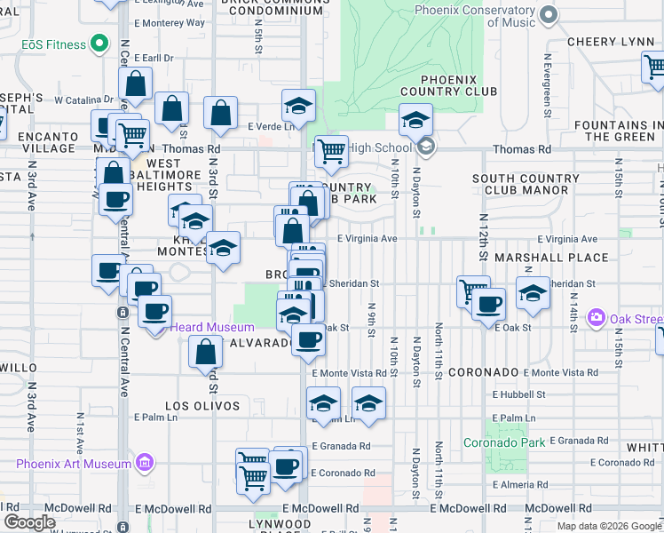 map of restaurants, bars, coffee shops, grocery stores, and more near 2517 North 8th Street in Phoenix