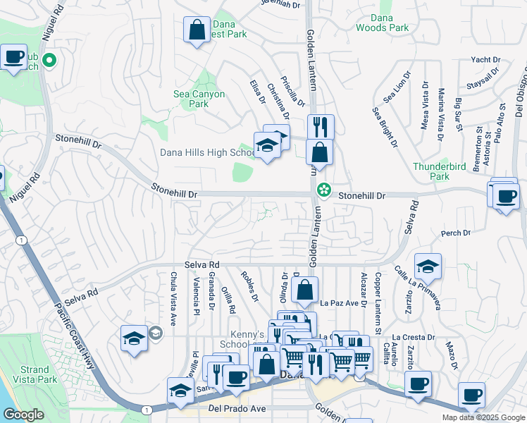 map of restaurants, bars, coffee shops, grocery stores, and more near Harbor View Drive in Dana Point