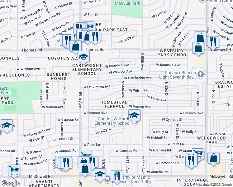 map of restaurants, bars, coffee shops, grocery stores, and more near 5630 West Wilshire Drive in Phoenix