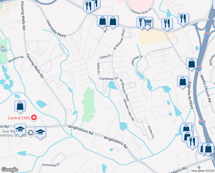 map of restaurants, bars, coffee shops, grocery stores, and more near 7024 Reagan Circle in Augusta