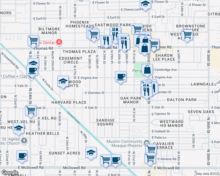 map of restaurants, bars, coffee shops, grocery stores, and more near 2516 North 29th Place in Phoenix