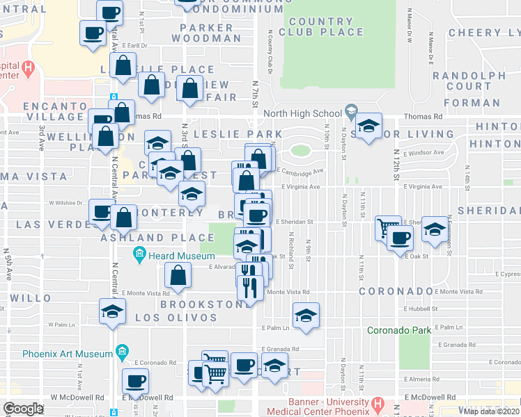 map of restaurants, bars, coffee shops, grocery stores, and more near 2517 N 7th St in Phoenix