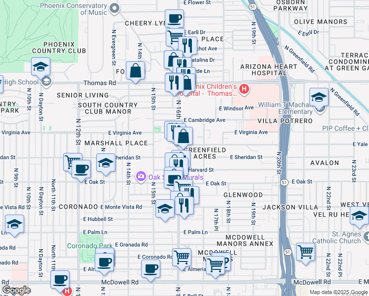 map of restaurants, bars, coffee shops, grocery stores, and more near 2533 North 16th Street in Phoenix