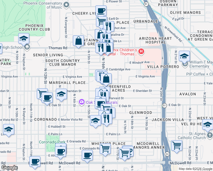 map of restaurants, bars, coffee shops, grocery stores, and more near 2533 North 16th Street in Phoenix