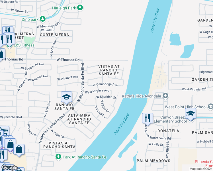 map of restaurants, bars, coffee shops, grocery stores, and more near 12309 West Cambridge Avenue in Avondale