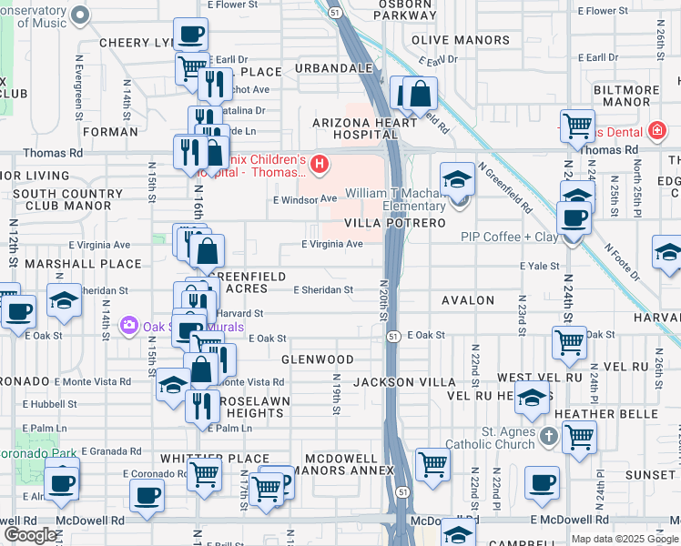 map of restaurants, bars, coffee shops, grocery stores, and more near 1901 East Yale Street in Phoenix