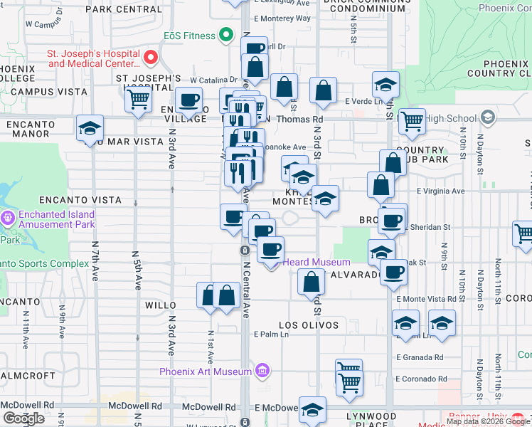 map of restaurants, bars, coffee shops, grocery stores, and more near 26 East Ashland Avenue in Phoenix