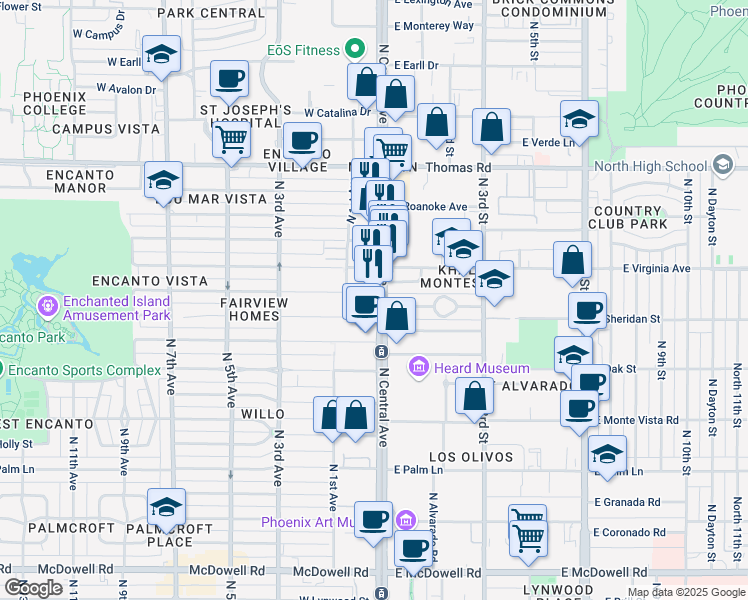 map of restaurants, bars, coffee shops, grocery stores, and more near 17 West Wilshire Drive in Phoenix