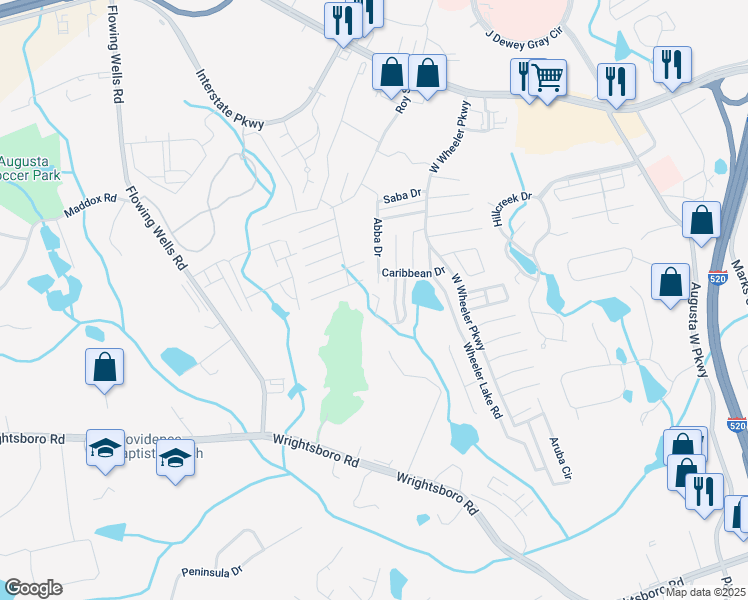 map of restaurants, bars, coffee shops, grocery stores, and more near 9036 Baker Court in Augusta