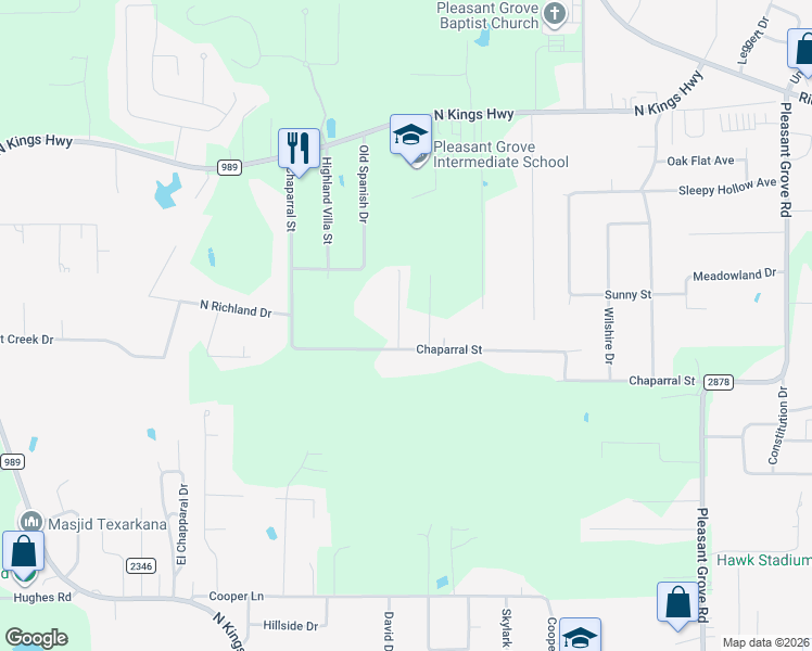 map of restaurants, bars, coffee shops, grocery stores, and more near 5705 Bandera Street in Texarkana