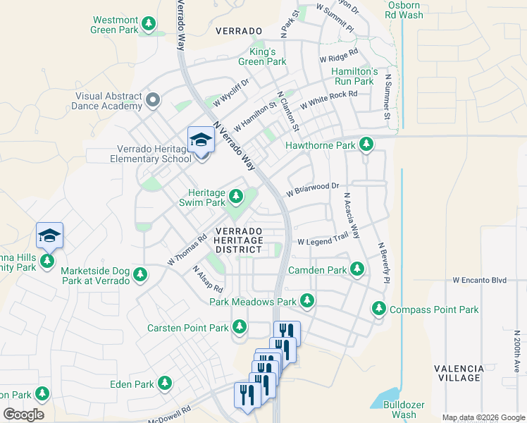 map of restaurants, bars, coffee shops, grocery stores, and more near 20726 West Point Ridge Road in Buckeye