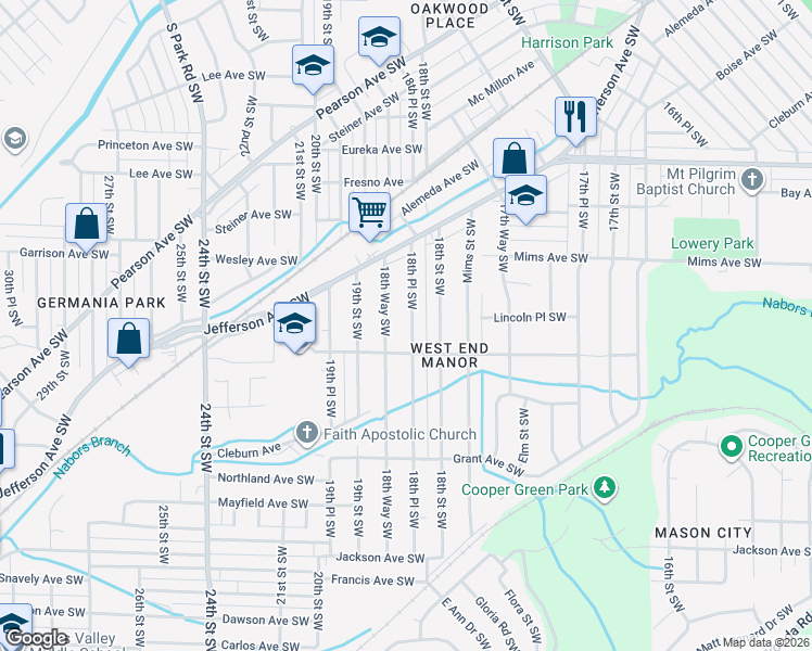 map of restaurants, bars, coffee shops, grocery stores, and more near 1320 18th Place Southwest in Birmingham
