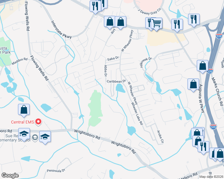 map of restaurants, bars, coffee shops, grocery stores, and more near 7024 Reagan Circle in Augusta