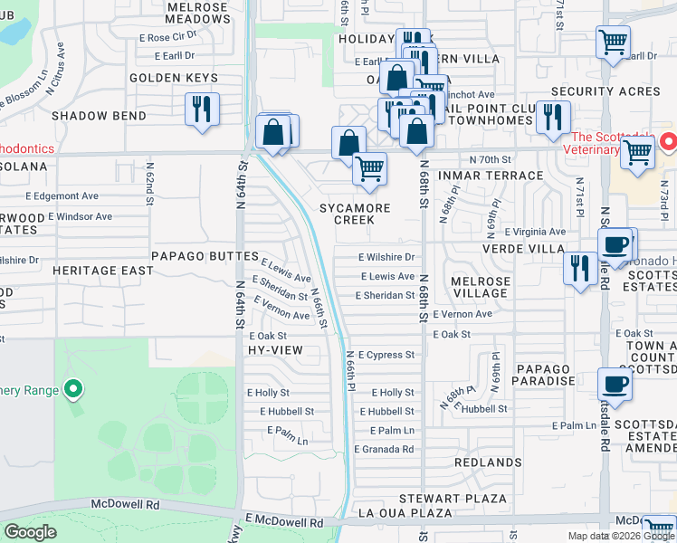 map of restaurants, bars, coffee shops, grocery stores, and more near 6602 East Lewis Avenue in Scottsdale