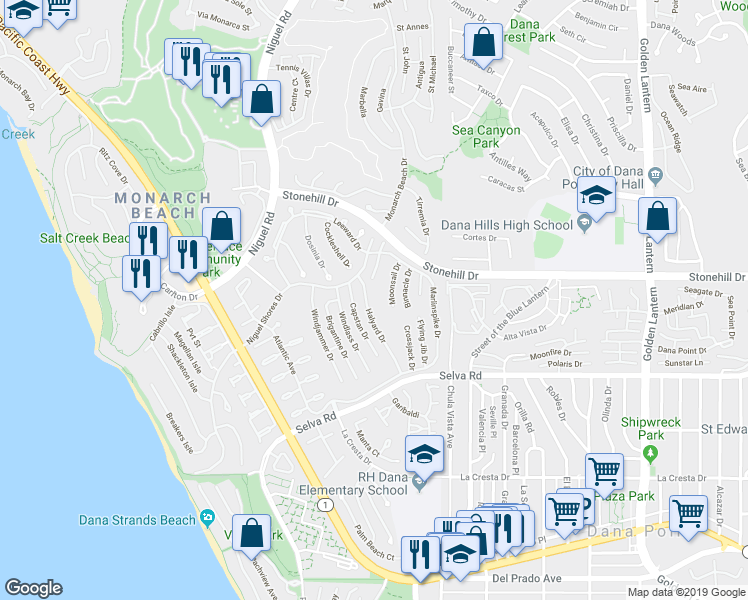 map of restaurants, bars, coffee shops, grocery stores, and more near 33568 Halyard Drive in Dana Point