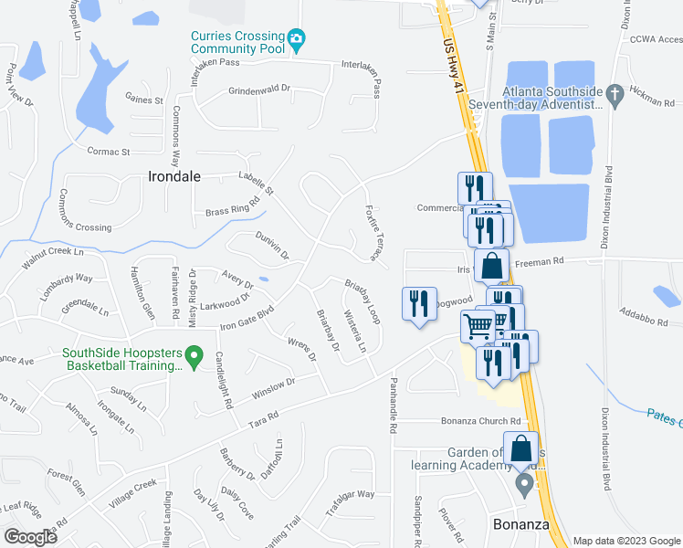 map of restaurants, bars, coffee shops, grocery stores, and more near 10248 Briarbay Loop in Jonesboro