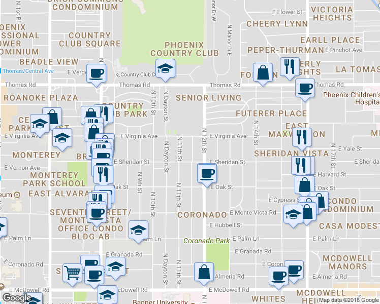 map of restaurants, bars, coffee shops, grocery stores, and more near 2518 North Mitchell Street in Phoenix