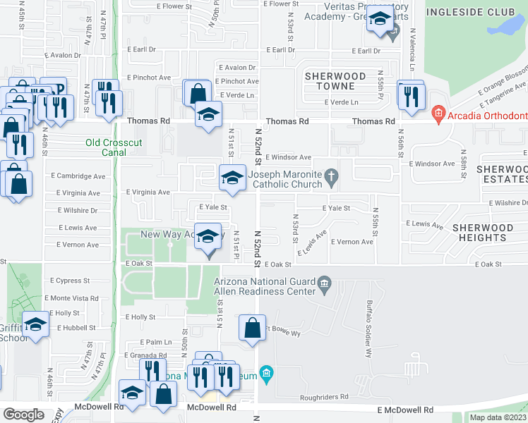 map of restaurants, bars, coffee shops, grocery stores, and more near 2525 North 52nd Street in Phoenix