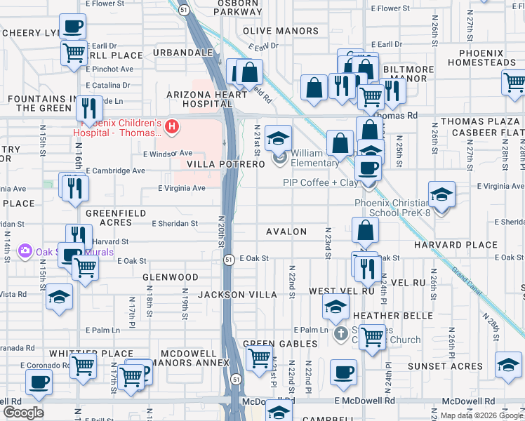 map of restaurants, bars, coffee shops, grocery stores, and more near 2105 East Yale Street in Phoenix