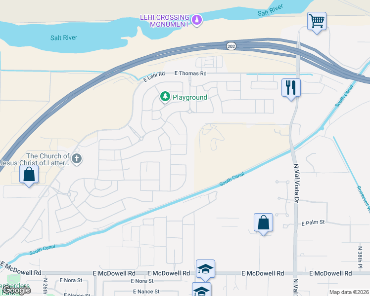 map of restaurants, bars, coffee shops, grocery stores, and more near 3117 East Quince Street in Mesa