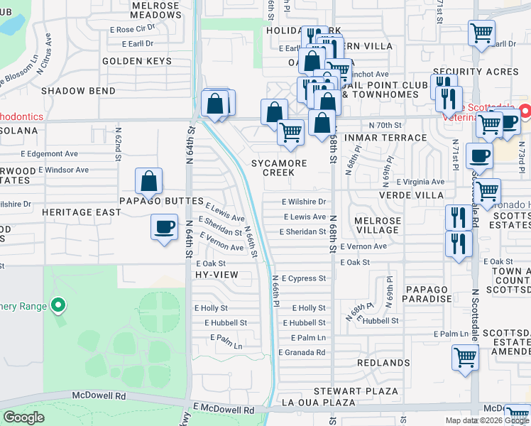 map of restaurants, bars, coffee shops, grocery stores, and more near 6602 East Lewis Avenue in Scottsdale