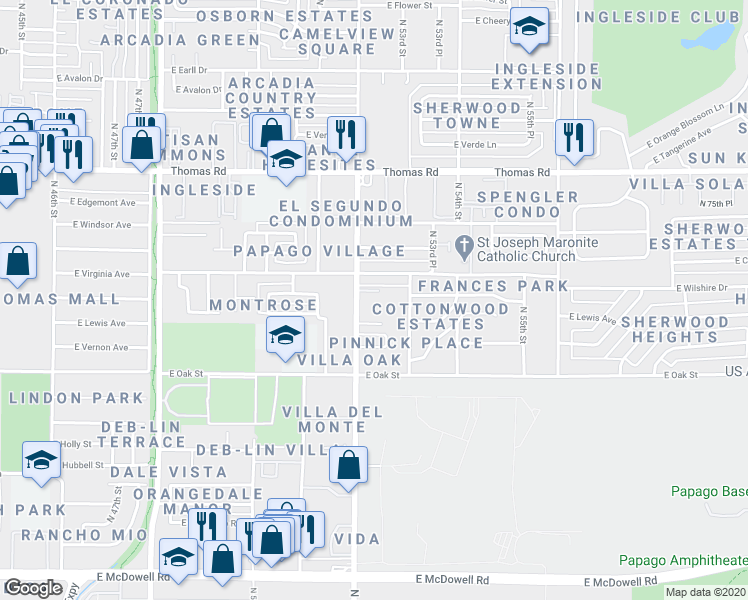 map of restaurants, bars, coffee shops, grocery stores, and more near 2525 North 52nd Street in Phoenix