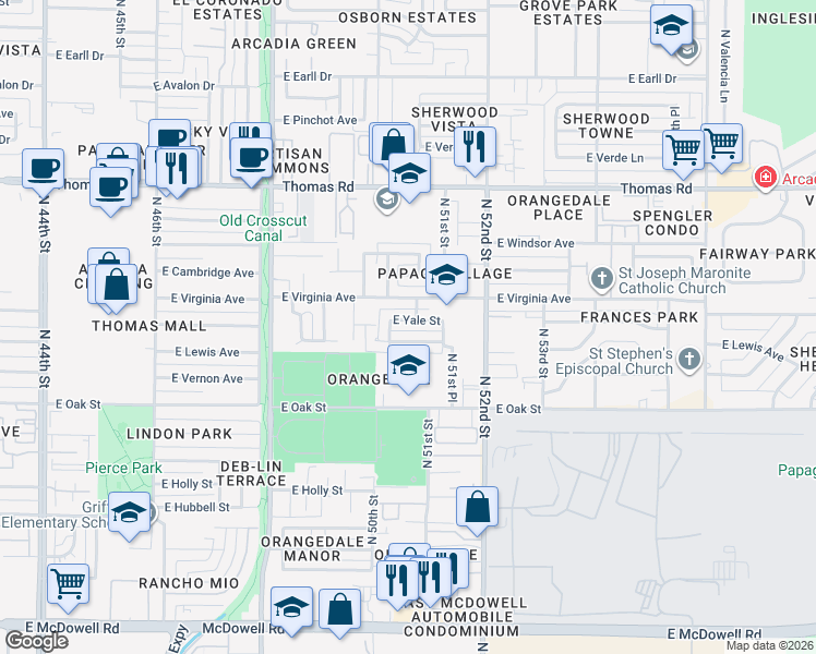 map of restaurants, bars, coffee shops, grocery stores, and more near 5033 East Yale Street in Phoenix