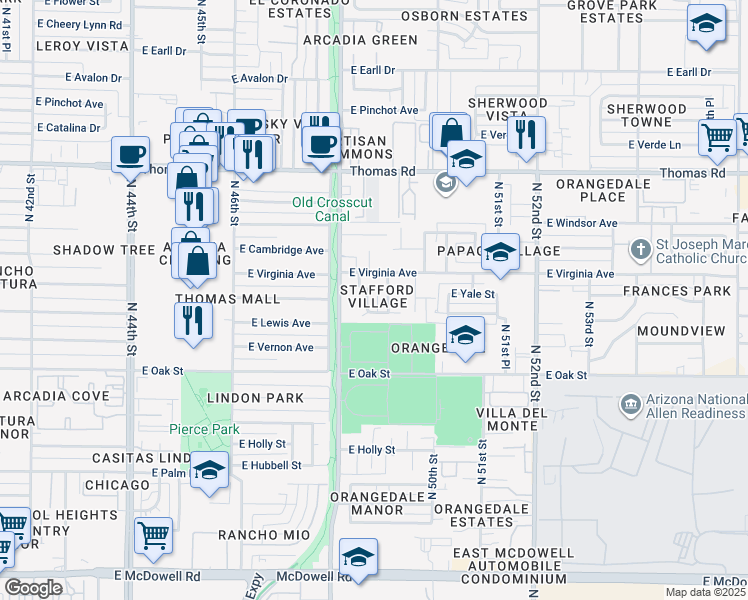 map of restaurants, bars, coffee shops, grocery stores, and more near 2523 North 48th Place in Phoenix