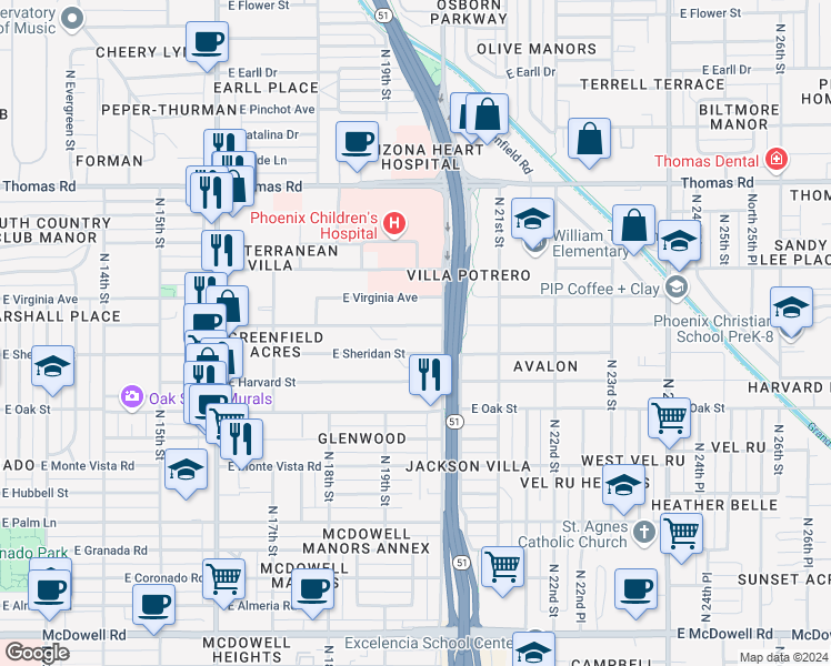 map of restaurants, bars, coffee shops, grocery stores, and more near 1935 East Yale Street in Phoenix