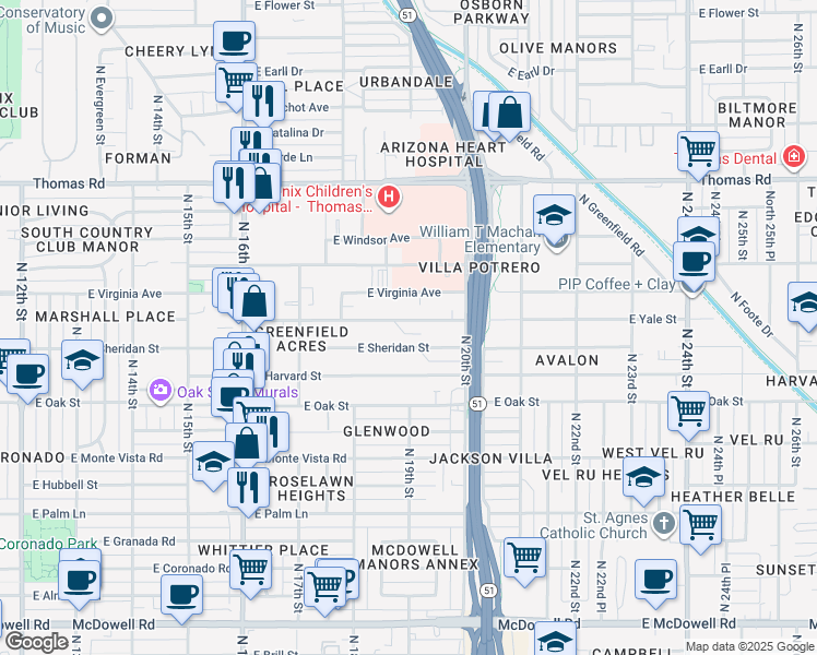 map of restaurants, bars, coffee shops, grocery stores, and more near 1901 East Yale Street in Phoenix