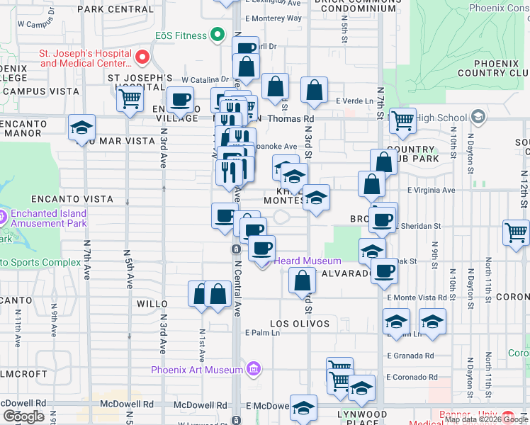 map of restaurants, bars, coffee shops, grocery stores, and more near 26 East Ashland Avenue in Phoenix