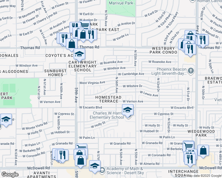 map of restaurants, bars, coffee shops, grocery stores, and more near 5630 West Wilshire Drive in Phoenix